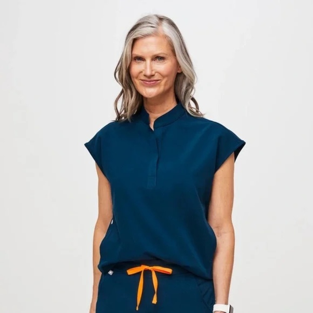Figs Blue Boxy Blouse with Cuffed Sleeves and Mandarin Collar